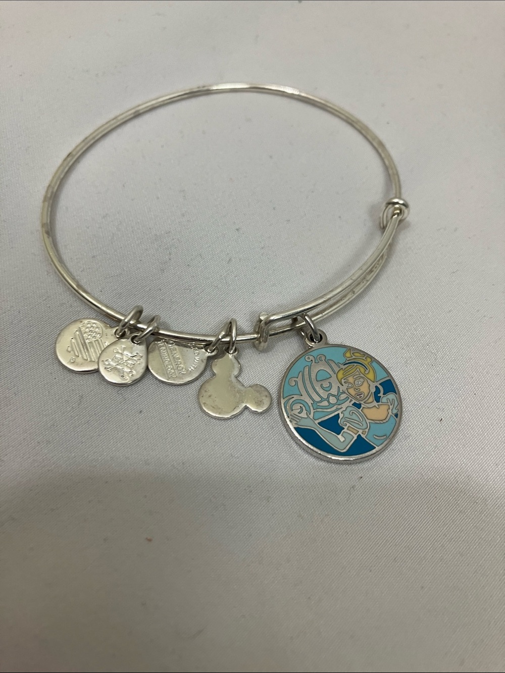 Alex and Ani Cinderella Silver Tone Charm Bangle Bracelet with Blue Enamel